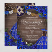 Invitation Royal Blue Rose Western Charro Rustic Quinceanera (Devant / Derrière)