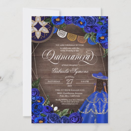 Invitation Royal Blue Rose Western Charro Rustic Quinceanera (Devant)
