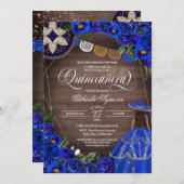 Invitation Royal Blue Rose Western Charro Rustic Quinceanera (Devant / Derrière)