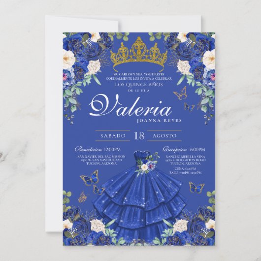 Invitation Royal Blue Roses Élégante princesse Quinceanera (Devant)