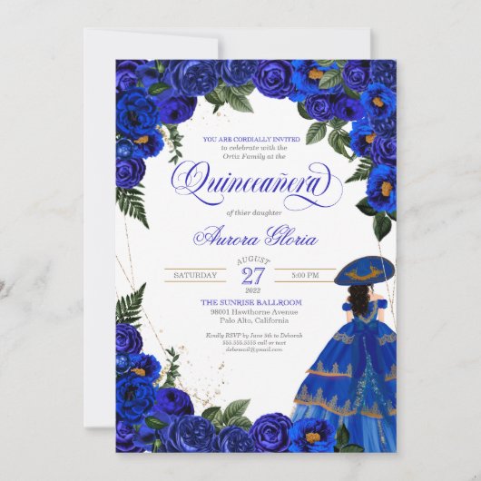 Invitation Royal Blue Roses Élégante robe Charro Quinceaner (Devant)