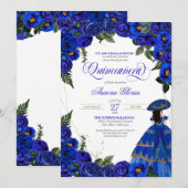 Invitation Royal Blue Roses Élégante robe Charro Quinceaner (Devant / Derrière)