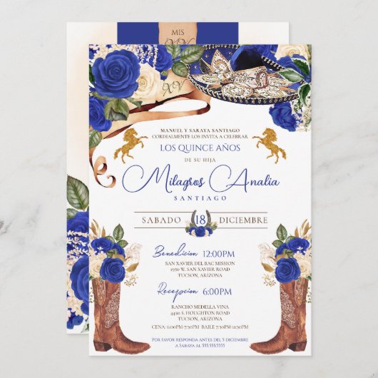 Invitation Royal Blue Roses Fancy Western Charro Quinceanera (Devant / Derrière)