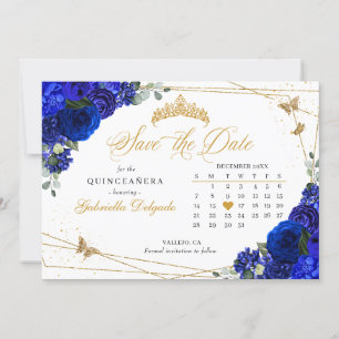 Invitation Royal Blue Roses & Gold Quinceañera Enregistrer la