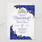 Invitation Royal Blue Roses & Gold Tiara Elegant Quinceañera (Devant)