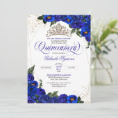Invitation Royal Blue Roses & Gold Tiara Elegant Quinceañera (Debout devant)