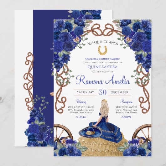Invitation Royal Blue Roses Ouest Charra Quinceañera (Devant / Derrière)