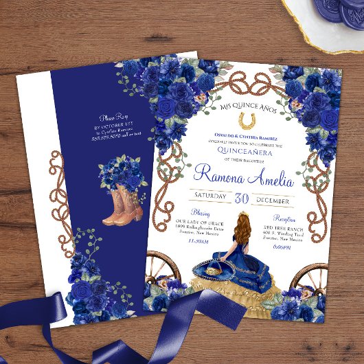 Invitation Royal Blue Roses Ouest Charro Quinceanera
