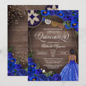 Invitation Royal Blue Roses Pays Charro Quinceanera (Devant / Derrière)