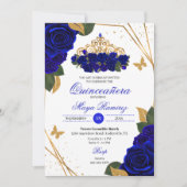 Invitation Royal Blue Roses Tiara Gold Parties scintillant Qu (Devant)
