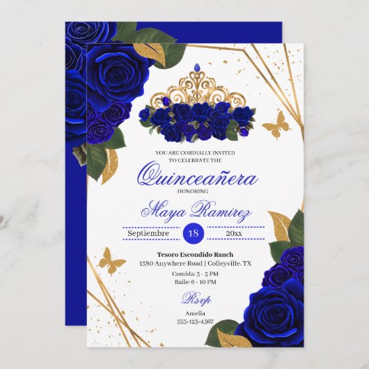 Invitation Royal Blue Roses Tiara Gold Parties scintillant Qu (Devant / Derrière)