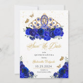 Invitation Royal Blue Roses Tiara Sauvez La Date Quinceañera (Devant)