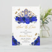Invitation Royal Blue Roses Tiara Sauvez La Date Quinceañera (Debout devant)