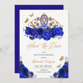 Invitation Royal Blue Roses Tiara Sauvez La Date Quinceañera (Devant / Derrière)