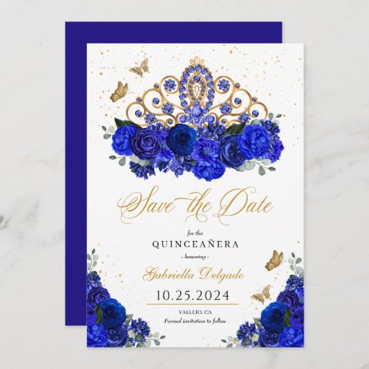 Invitation Royal Blue Roses Tiara Sauvez La Date Quinceañera (Devant / Derrière)