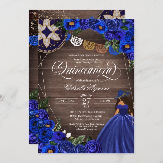Invitation Royal Blue Roses Western Charro Rustique Quinceane (Devant / Derrière)
