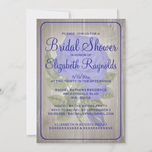 Invitation Royal Blue Rustic Floral Douche nuptiale Invitatio (Devant)