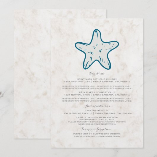 Invitation Royal Blue Rustic Starfish Information du Mariage (Devant / Derrière)