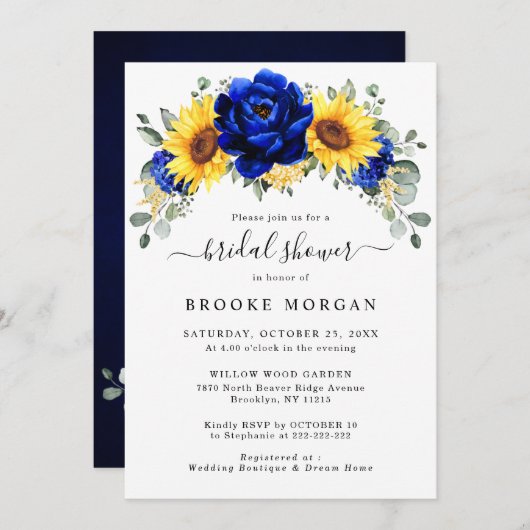 Invitation Royal Blue Rustic Tournesol Fête des mariées moder (Devant / Derrière)