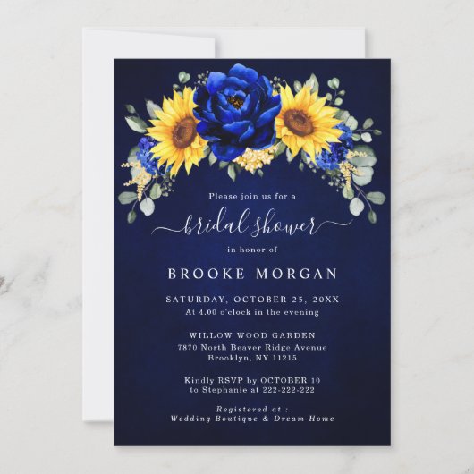 Invitation Royal Blue Rustic Tournesol Fête des mariées moder (Devant)