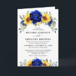 Invitation Royal Blue Rustic Tournesol Moderne Floral Mariage<br><div class="desc">Élégante et moderne invitation au mariage campagnard rustique avec tournesol jaune vif, pivoines bleues royales, souffle bébé, cadre floral gypsophila / couronne avec feuilles eucalyptus. S'il vous plaît trouver d'autres modèles et variantes de mon magasin "blissweddingpaperie". Et n'hésitez pas à me contacter pour plus de personnalisation ou de correspondance d'articles....</div>