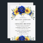 Invitation Royal Blue Rustic Tournesol Moderne Floral Mariage<br><div class="desc">Élégante et moderne invitation au mariage campagnard rustique avec tournesol jaune vif, pivoines bleues royales, souffle bébé, cadre floral gypsophila / couronne avec feuilles eucalyptus. S'il vous plaît trouver d'autres modèles et variantes de mon magasin "blissweddingpaperie". Et n'hésitez pas à me contacter pour plus de personnalisation ou de correspondance d'articles....</div>
