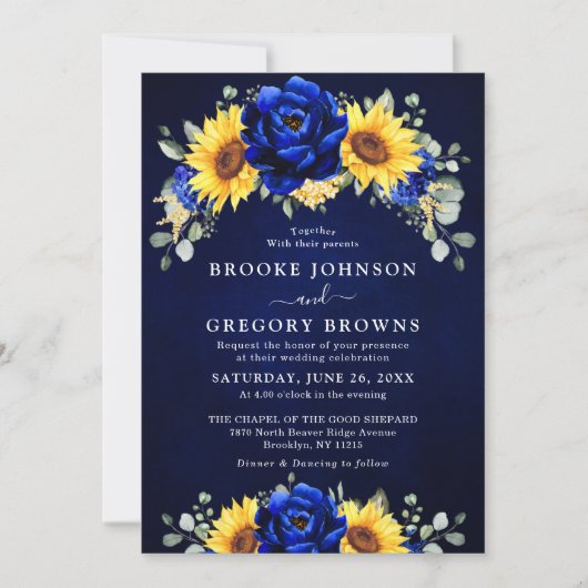 Invitation Royal Blue Rustic Tournesol Moderne Floral Mariage (Devant)