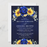 Invitation Royal Blue Rustic Tournesol Moderne Floral Mariage<br><div class="desc">Élégante et moderne invitation au mariage campagnard rustique avec tournesol jaune vif, pivoines bleues royales, souffle bébé, cadre floral gypsophila / couronne avec feuilles eucalyptus. S'il vous plaît trouver d'autres modèles et variantes de mon magasin "blissweddingpaperie". Et n'hésitez pas à me contacter pour plus de personnalisation ou de correspondance d'articles....</div>