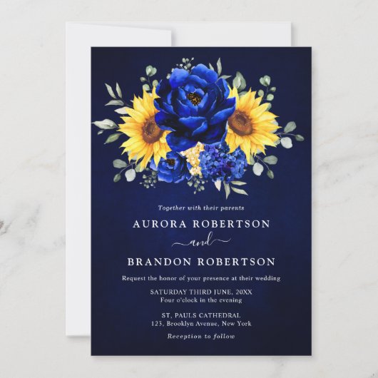 Invitation Royal Blue Rustic Tournesol Moderne Floral Mariage (Devant)