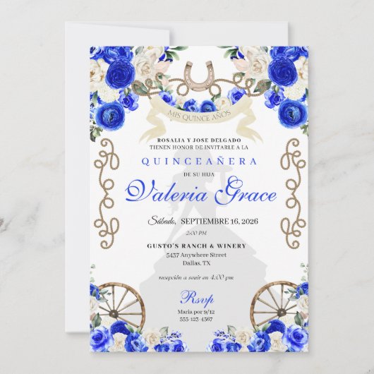 Invitation Royal Blue Rustic Western Charro Femme Quinceañera (Devant)