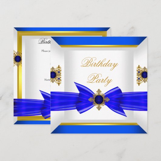 Invitation Royal Blue Sapphire Gem Jewel Gold Bow Anniversair (Devant / Derrière)