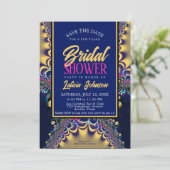 Invitation Royal Blue Satin Gold Lace Fête des mariées (Debout devant)