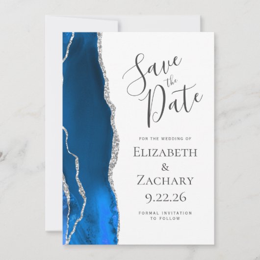 Invitation Royal Blue Silver Agate 5-Photo Enregistrer la dat (Devant)