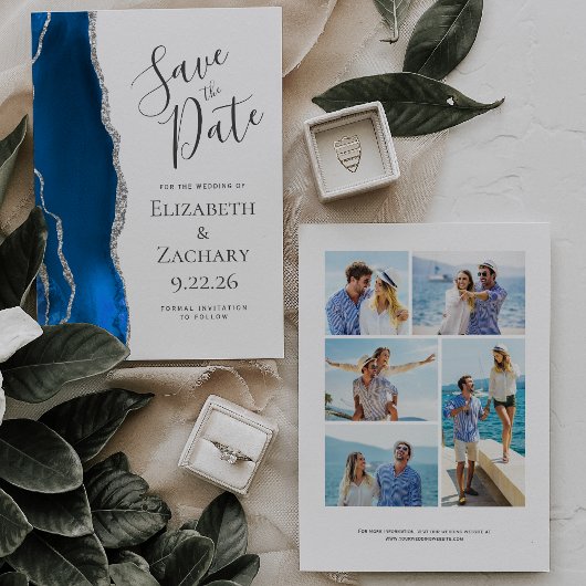 Invitation Royal Blue Silver Agate 5-Photo Save the Date