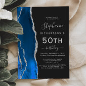 Invitation Royal Blue Silver Agate Dark 50th Birthday Party