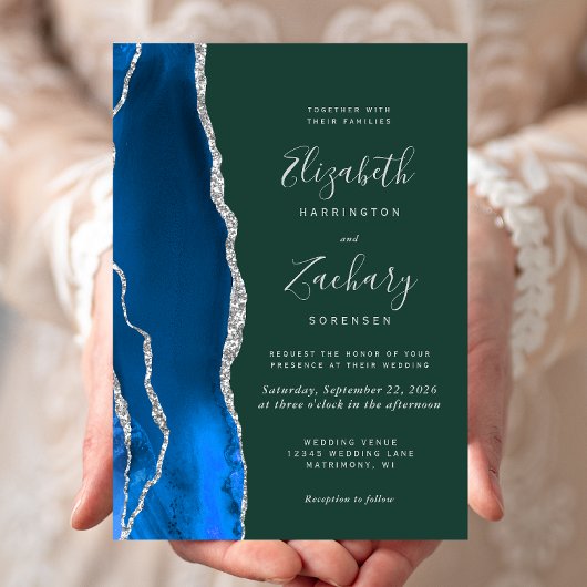 Invitation Royal Blue Silver Agate Emerald Green Mariage