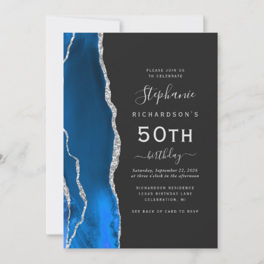 Invitation Royal Blue Silver Agate QR Code 50e anniversaire (Devant)
