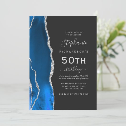 Invitation Royal Blue Silver Agate QR Code 50e anniversaire (Debout devant)