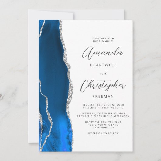 Invitation Royal Blue Silver Agate QR Code Mariage (Devant)
