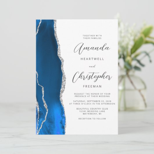 Invitation Royal Blue Silver Agate QR Code Mariage (Debout devant)