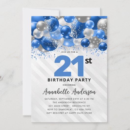 Invitation Royal Blue Silver Balloon Parties scintillant 21e (Devant)