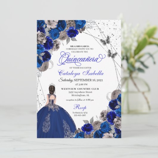 Invitation Royal Blue Silver Butterfly Princess Quinceanera (Debout devant)