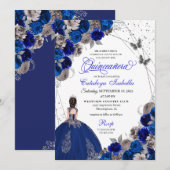 Invitation Royal Blue Silver Butterfly Princess Quinceanera (Devant / Derrière)