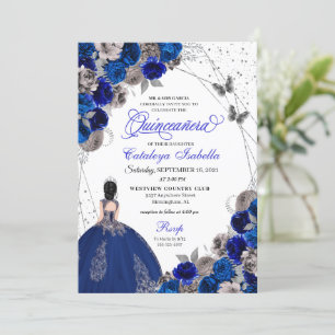 Invitation Royal Blue Silver Butterfly Princess Quinceanera
