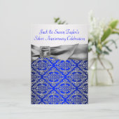 Invitation Royal Blue Silver Damask Argent 25e anniversaire (Debout devant)