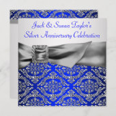 Invitation Royal Blue Silver Damask Argent 25e anniversaire (Devant / Derrière)