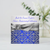 Invitation Royal Blue Silver Damask Argent 25e anniversaire (Debout devant)