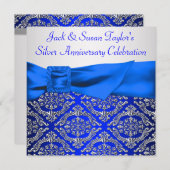 Invitation Royal Blue Silver Damask Argent 25e anniversaire (Devant / Derrière)