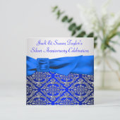 Invitation Royal Blue Silver Damask Argent 25e anniversaire (Debout devant)