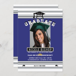 Invitation Royal Blue Silver Elegant Photo Party Graduation  